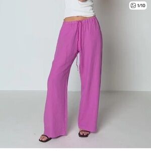 Nation LTD Pants Womens Medium Pink Rosebud Linen Lucia Tie Waist Beach Vacation